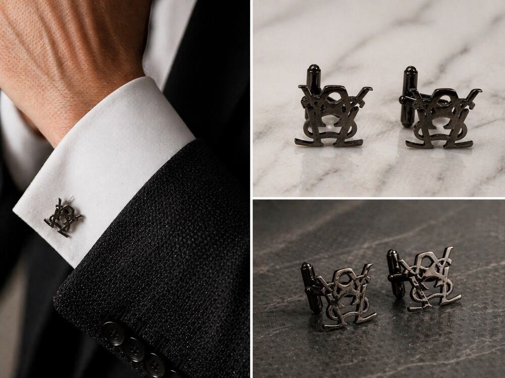 Yves Saint Laurent YSL Monogram Gunmetal Cufflinks Logo Designer Quiet Luxury